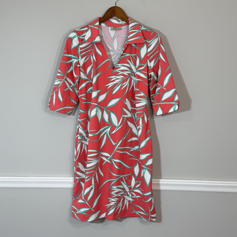 Katherine Way Women's Knit Shift Dress Sz LG  Pink Tropical Palm Print 3/4 Slv